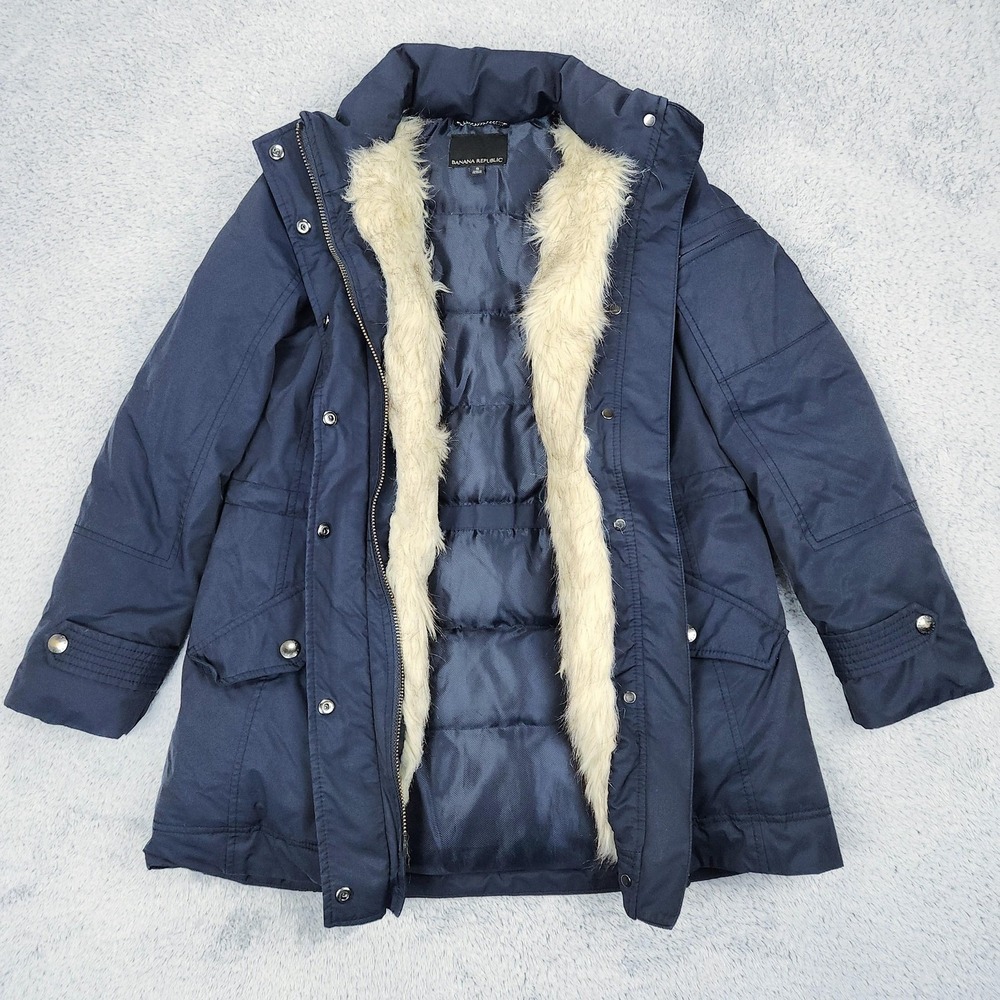Banana Republic Jacket Womens Small Blue Faux Fur Lined Down Parka Prep Navy